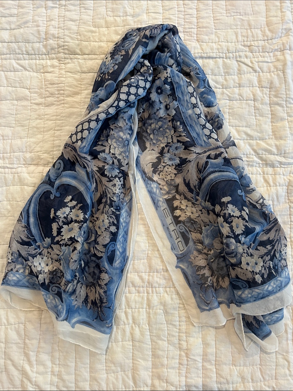 *Archival* 1990’s Etro Blue and Cream Floral Silk Scarf